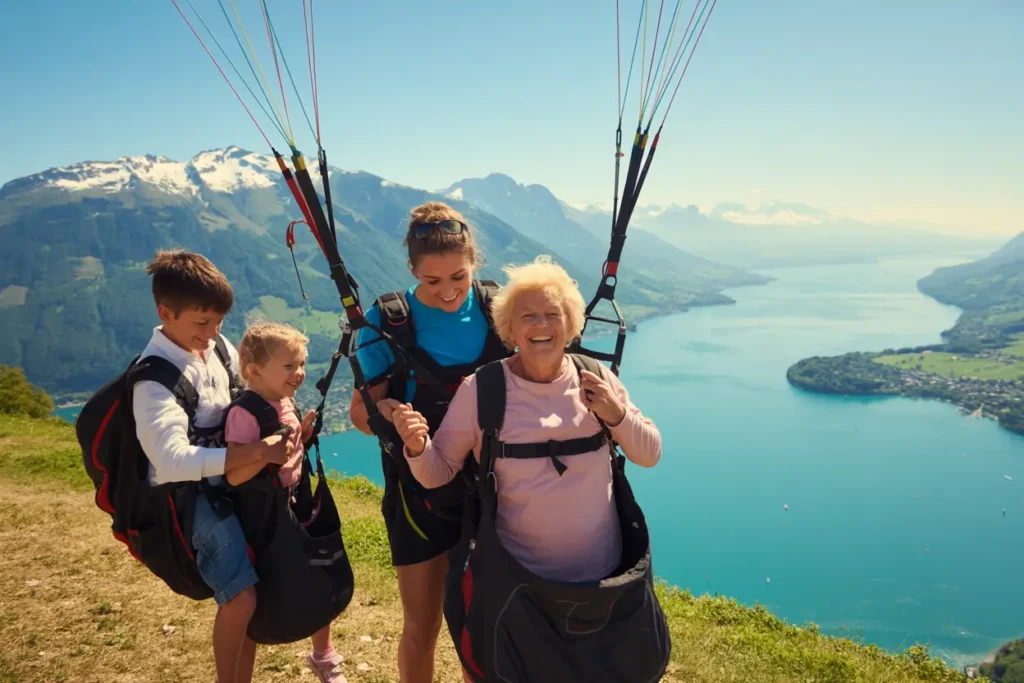 mamie et son petit fils font du parapente